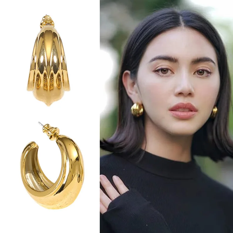 

Hot Selling 18K Gold Plated Stainless Steel C Shaped Chunky Thick Gold Croissant Hoop Earrings for women