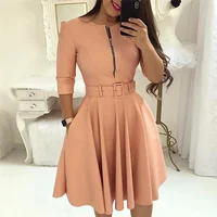 

2019 Solid Fashion Zipper Up Ladies Office Clothes A Line One Piece Dress For Women