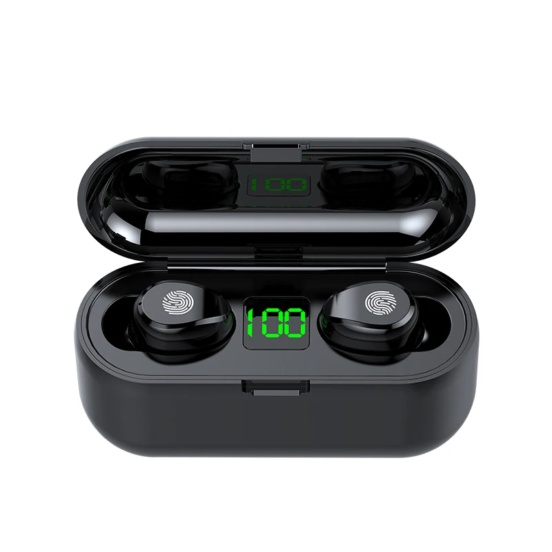 

Hot Selling Noise Cancelling Sport Audifono Bt Wireless Earbuds With Power Bank Battery Display Auriculares F9, Black