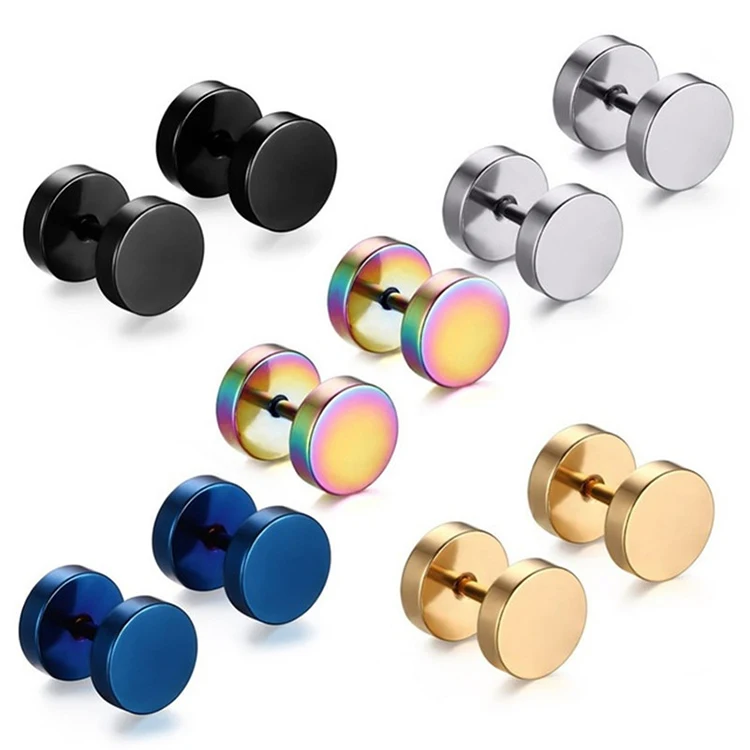 

K123 Wholesale Hip Hop Punk Jewelry 3-14mm Black Round Cake Earring Stainless Steel Barbell Dumbbell Stud Earrings for Men