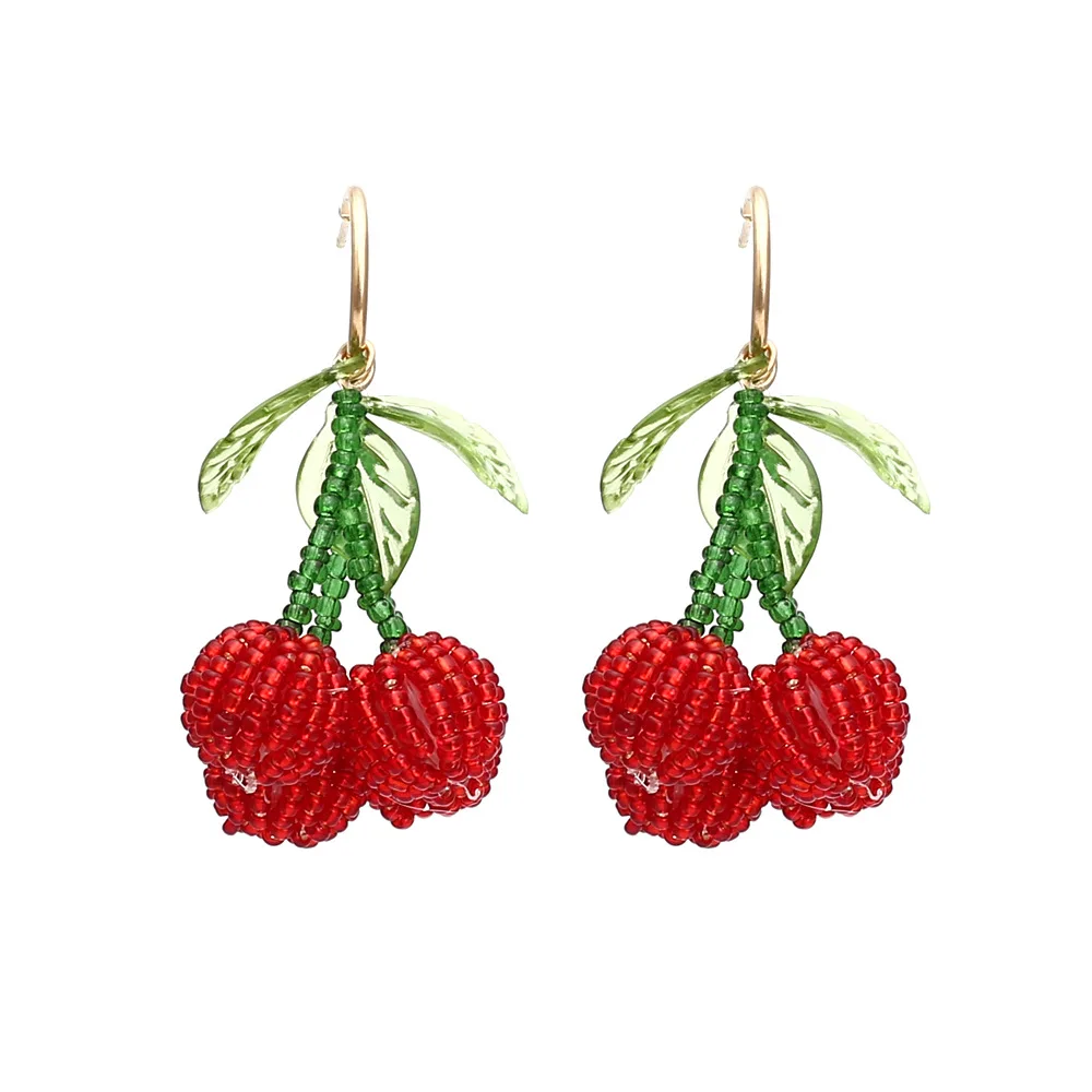 

Handmade Elegant Women Girls Kawaii Seed Beaded Yellow Red Cherry Fruit Earrings