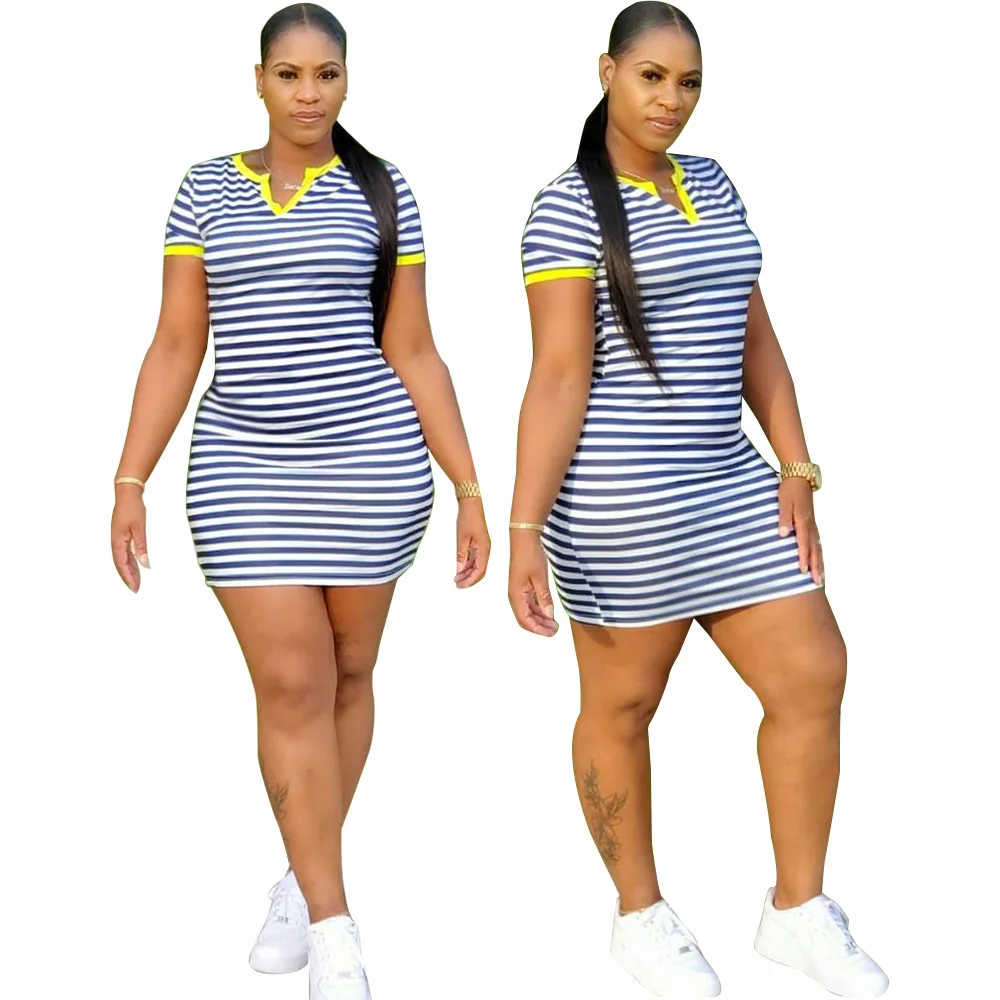 

030815 New 2021 fashion striped printing hot sales design V neck Women's collar women dress