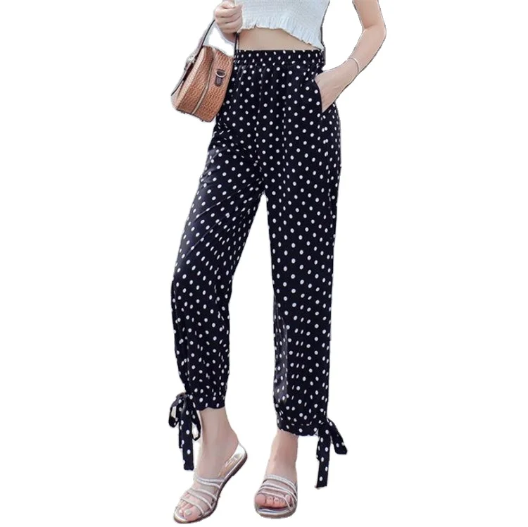 

Wholesale summer chiffon pants fashion high waist ladies dot pants women casual leggings, Black