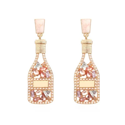 

Fashion Fun Handmade Crystal Earrings Statement Wine Earring Beaded Champagne Bottle Earrings for Women, As pictures
