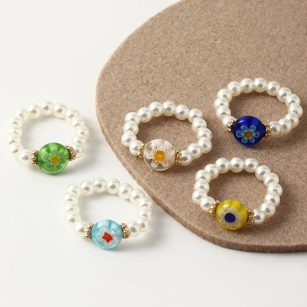 

New Handmade Multicolor Flower Shaped Venice Glass Ball Round Beads Finger Jewelry Women Girl Murano Millefiori Glass Pearl Ring