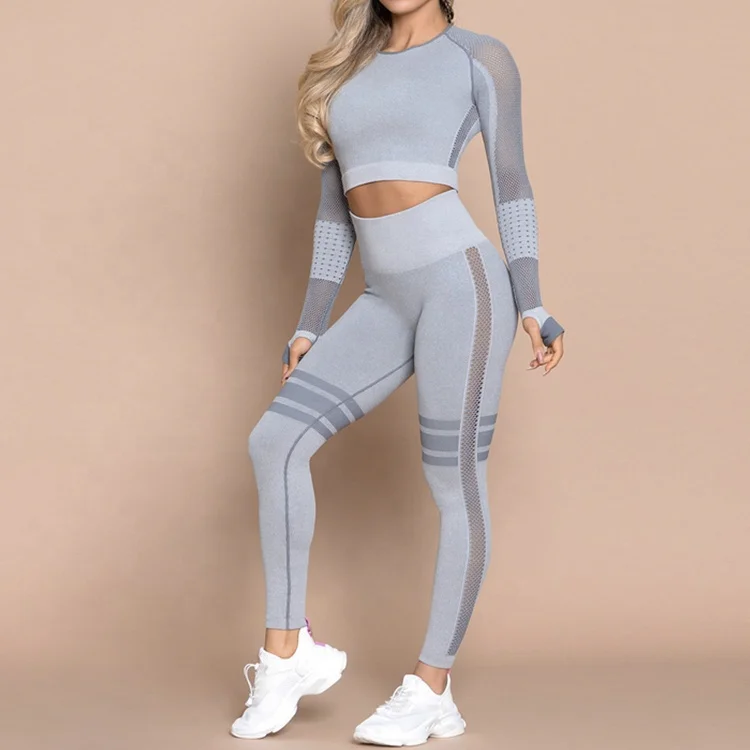 

Blank long sleeve crop top sweatshirt seamless yoga wear set gym wear set women, 7 colors or custom