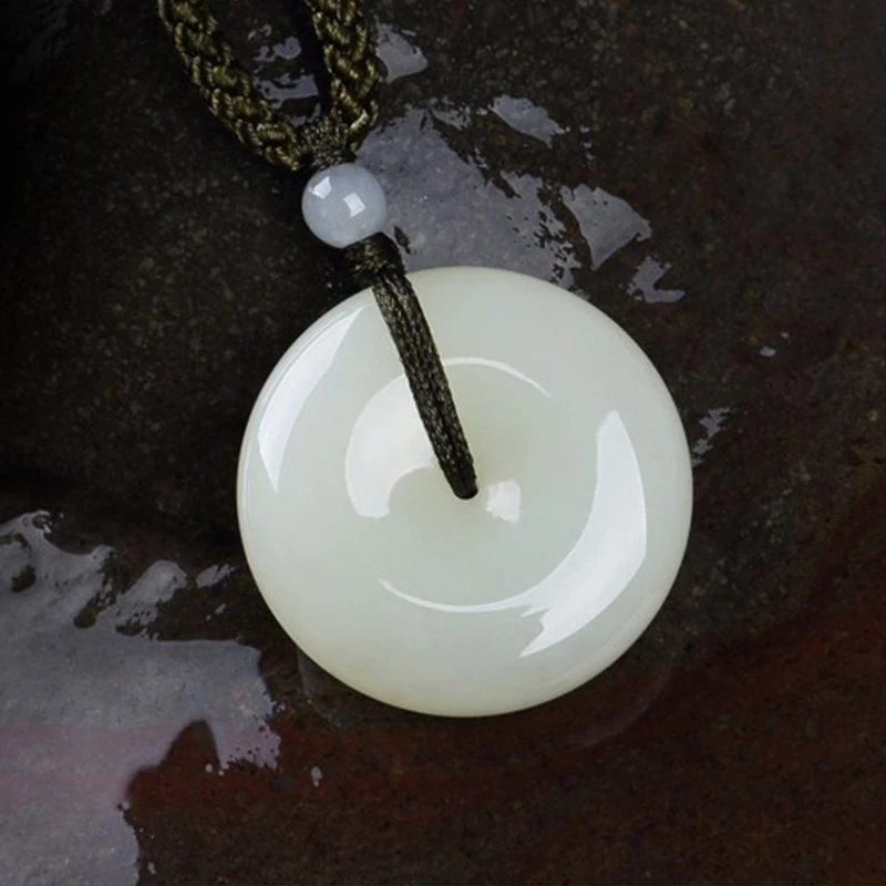 

white Jade Peace Buckle Circle Donut Amulet Pendant Talisman Necklace Natural Sheep Mutton Fat Hetian Nephrite Jade Peace Buckle, White color