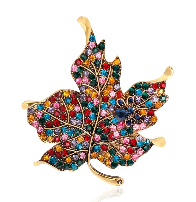

New Exquisite colored Rhinestone Alloy maple brooch maple clothing men's / women's brooch corset lapel needle, As picture