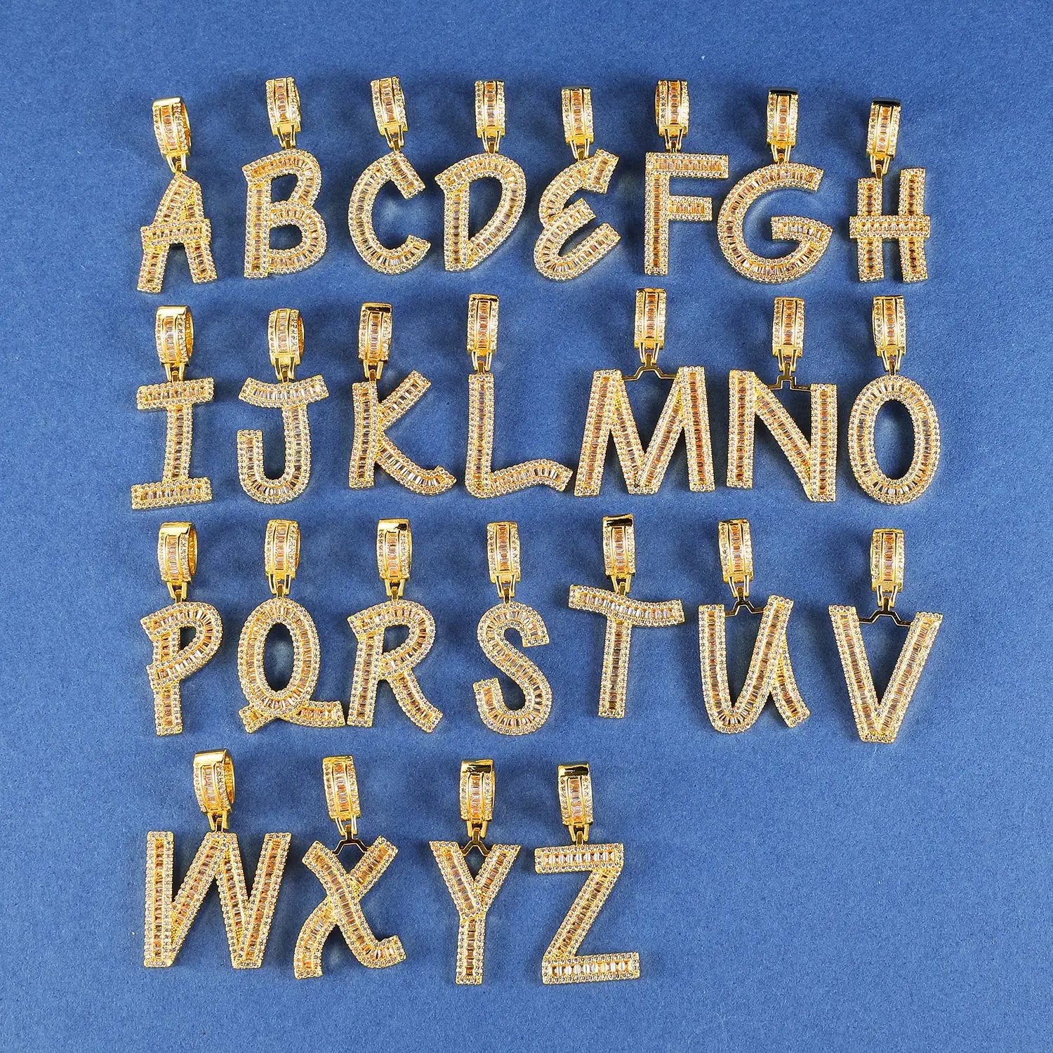 

Wholesale Hip Hop Iced Out Old English Letter Pendant Custom Charm Bling Baguette Initial Pendant Necklace, Picture