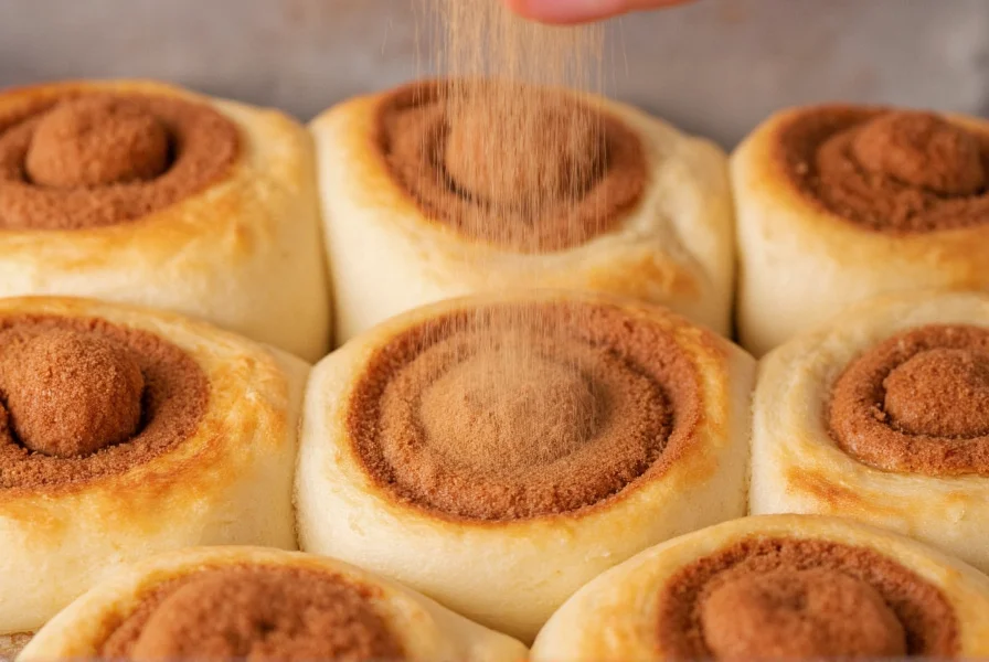 Close-up of homemade cinnamon sugar mix being sprinkled over freshly baked cinnamon rolls with visible texture and golden color