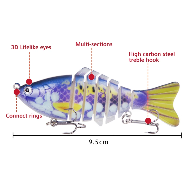 

9.5cm 15.5g Bass Lures OEM Fishing Tackle 3D eyes 7 Sections Hard Multi Jointed Artificial Bait Fishing Lures, 5 colors