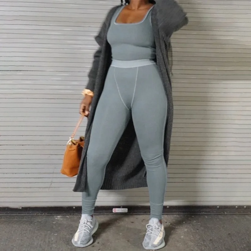 

2022 Sleeveless Bodycon Tank Top Long Leggings 2 Piece Set Solid Color Skinny Ribbed Streetwear Sexy Women Casual Sets