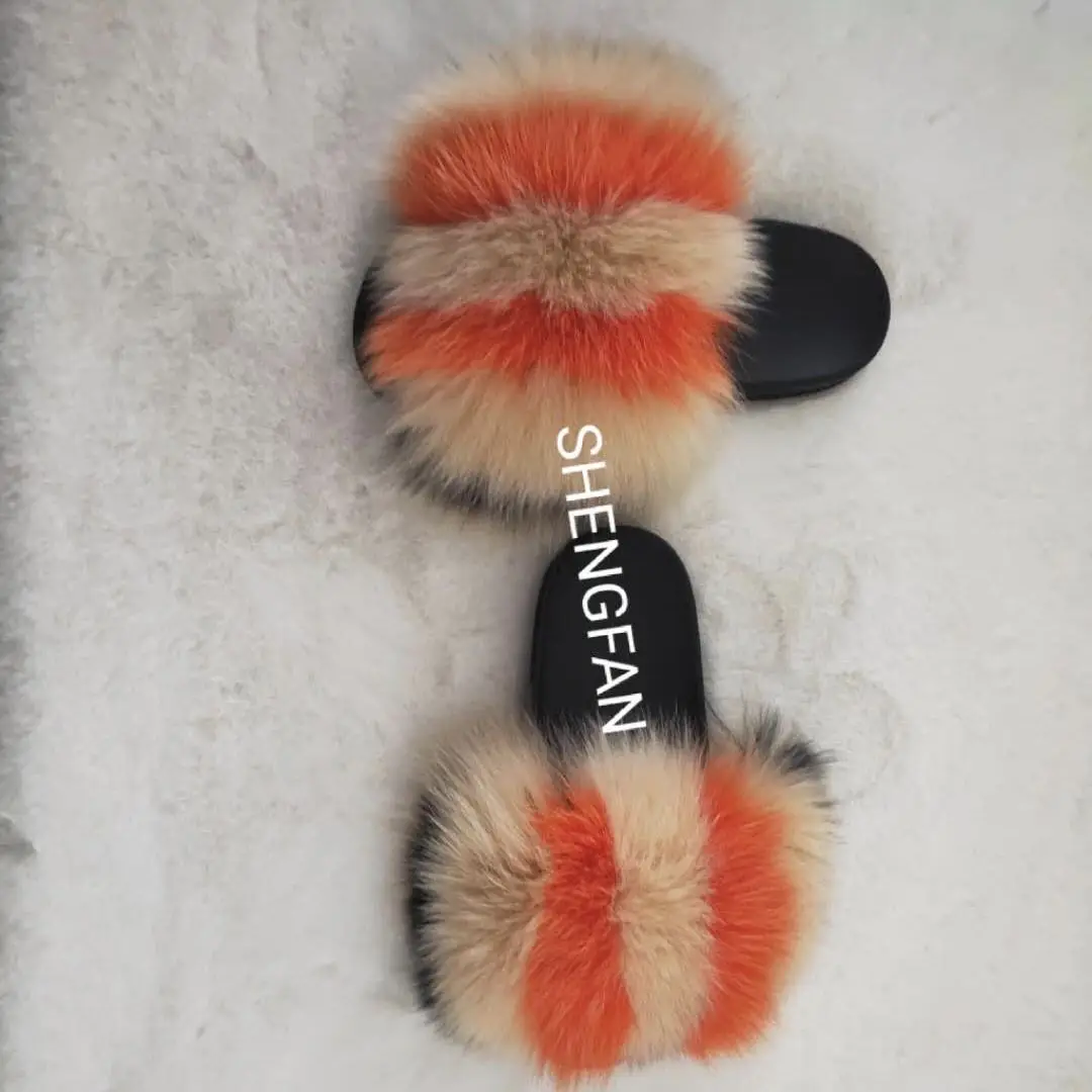 

custom indoor oem logo blue real fox fur fluffy slides sandals slipper for women