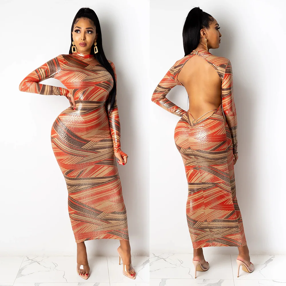 

Free Shipping R01188 - Women Bodycon Fashion Long Sleeve Printed Backless Dresses