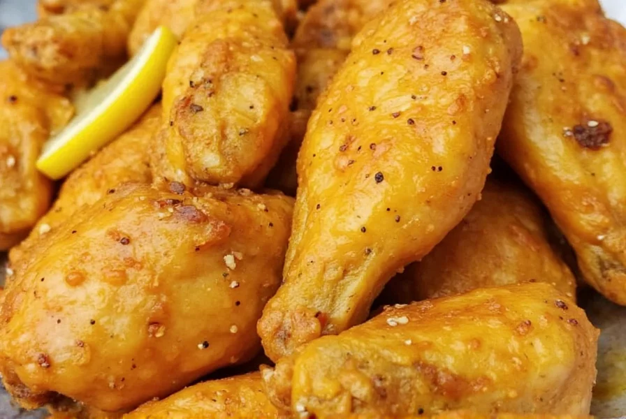Close-up photo of Wingstop lemon pepper wings showing golden-brown chicken wings coated in yellow seasoning with lemon slices and cracked pepper