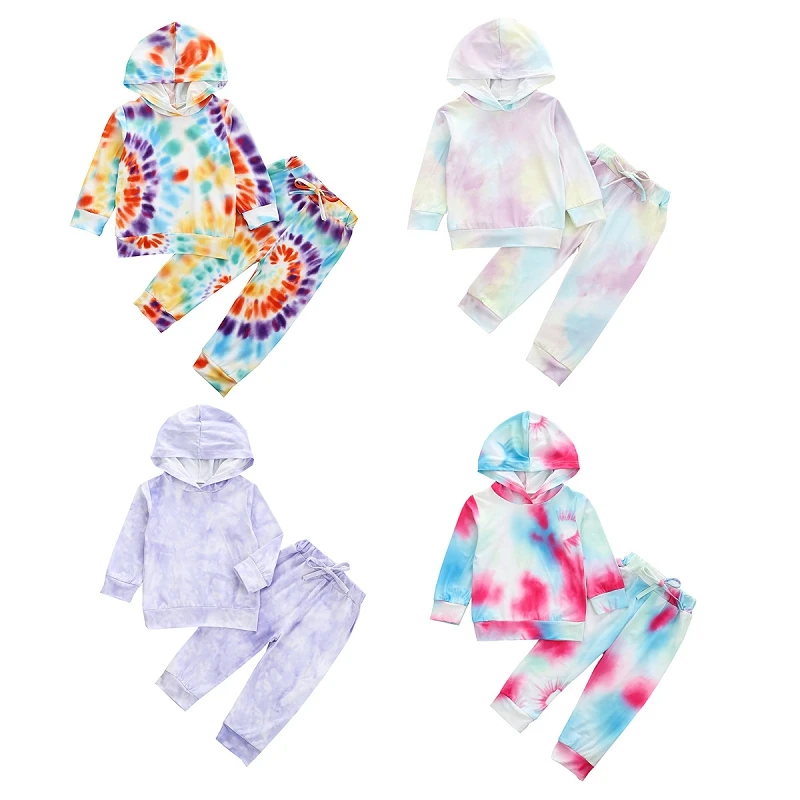 

2020 New 4 Colors Baby Tie Dye Clothing Sets Long Sleeve Hooded Top + Pants 2Pcs/Set Colorful Boutique Kids Outfits M246