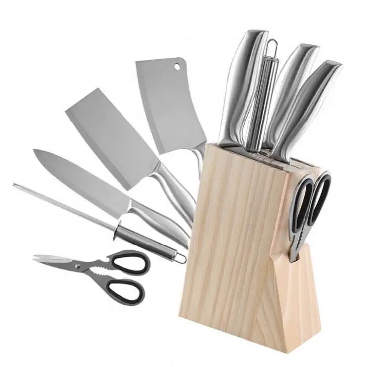 

Kitchen Knife Block Set, 6 Piece Stainless Steel Handle Knives Set With Wooden Block, Manual Sharpener, Silver