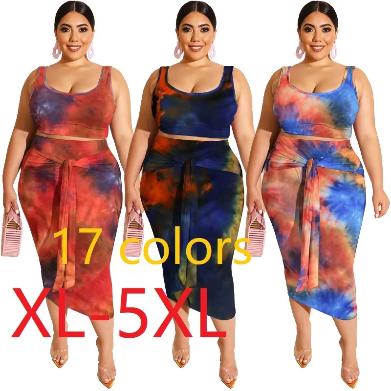 

Casual summer crop top and bodycon mini skirt tie dye two piece set 5xl plus size women clothing