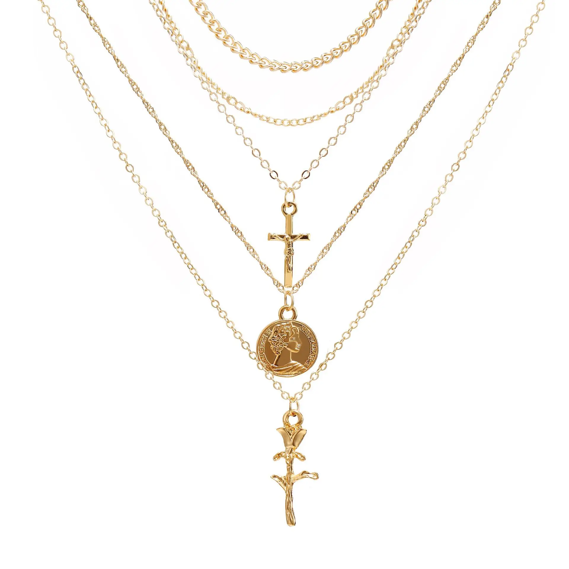 

vintage Personality Multi-layer twist chain geometric flower cross pendant Gold Plated all-match necklace jewelry