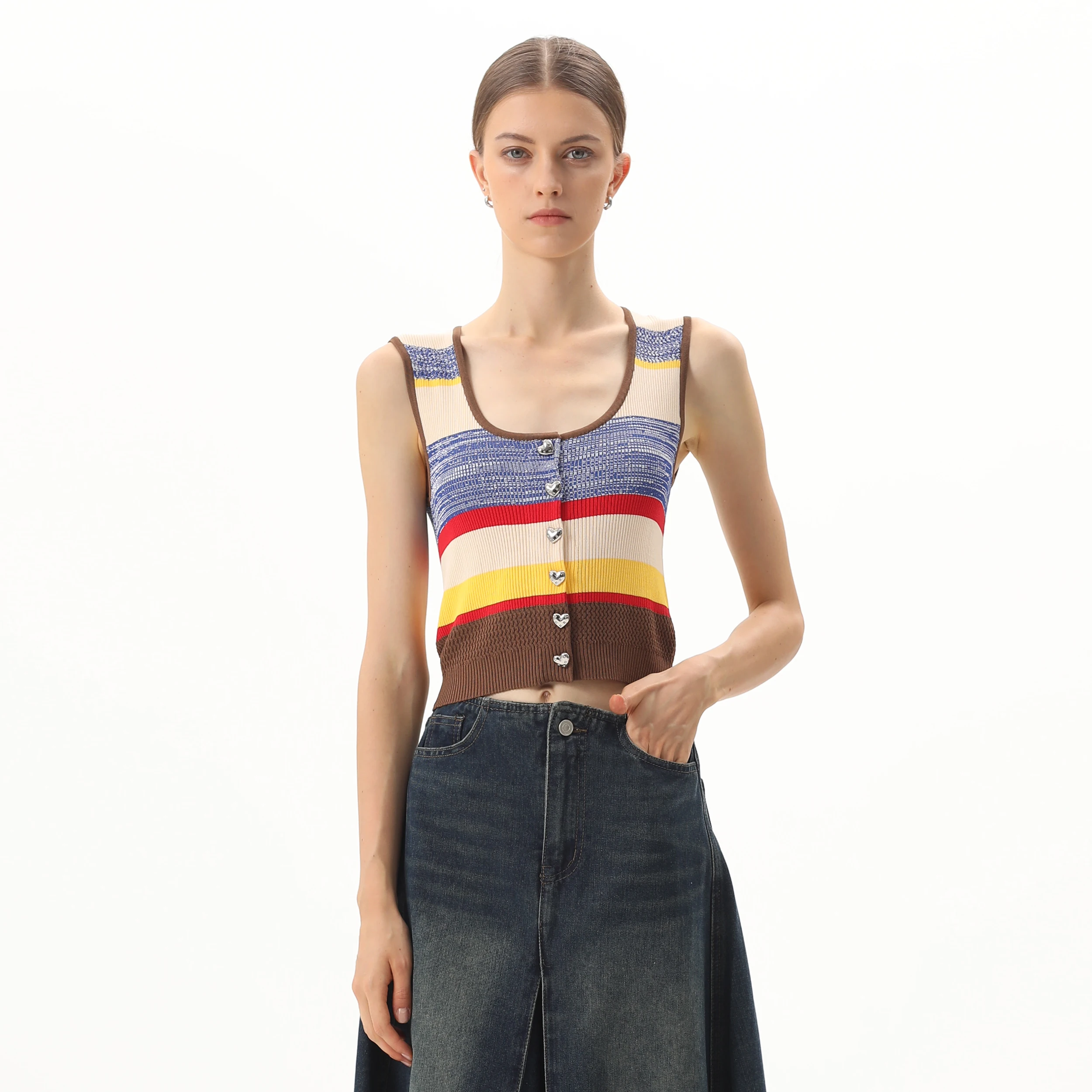 OEM Women's Casual Slimming Crochet Rainbow Striped Knitted Tank Top Short Sleeveless Breathable Fashionable Fitting Knit Vest