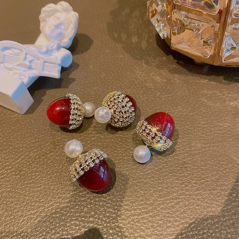

JUHU New diamond-embedded red cherry versatile girl earrings sweet and lovely fairy cherry pearl earrings jewelry for women