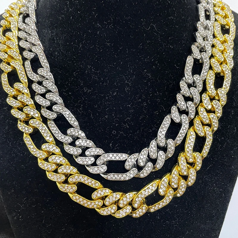 

13mm Figaro Link Chain necklace Hip Hop Jewelry Gold Plated Diamond CZ iced out women Cuban Chain Bracelets set