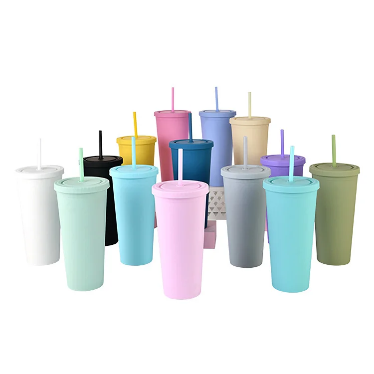 

4 pack Black 16oz Plastic tumblers double wall insulation coffee mugs curve wine tumbler with straw and lid, Customized color acceptable