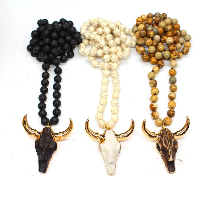 

Tribal 90cm Long Natural Stones Beads OX BULL Buffalo Horn Cow Skull Head Pendant Knotted Jewelry Necklace