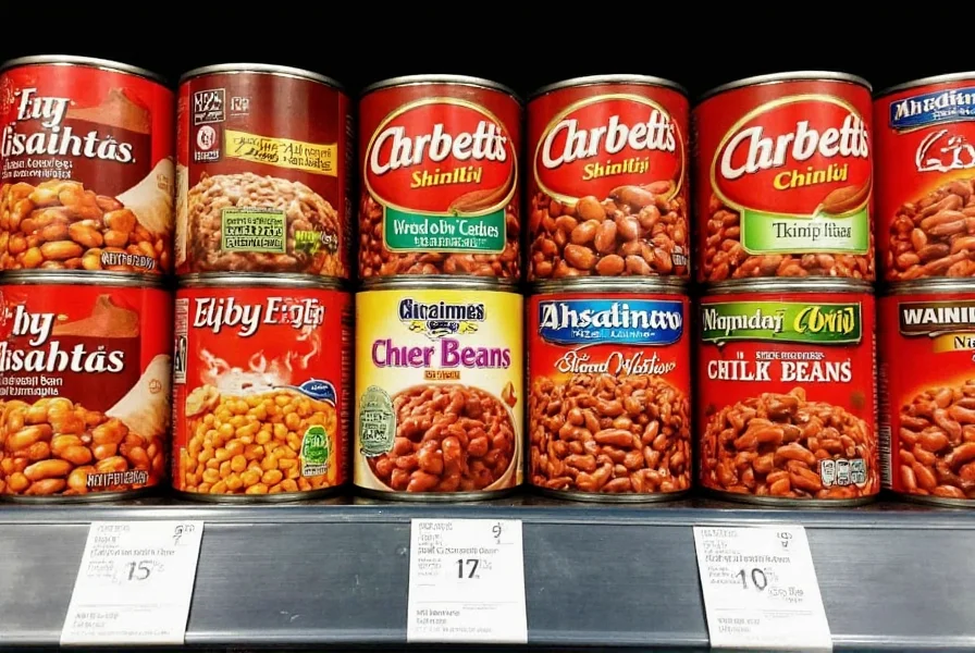Comparison of different canned chili beans brands on grocery store shelf