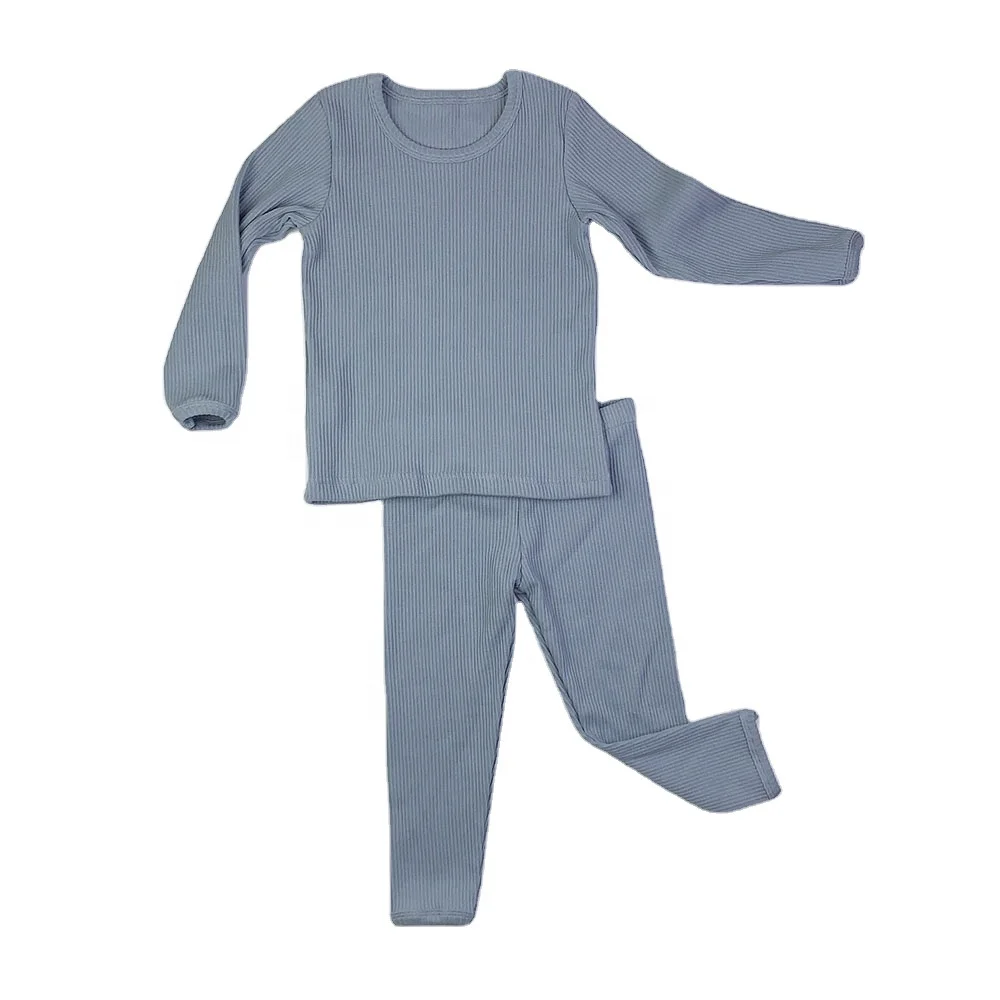

6 Colors Winter Long Sleeve Kids Clothing Super Stretchy Children Ribbed Cotton Pajamas Suits Wholesale Plain Sleepwear Sets, As picture & customized colors