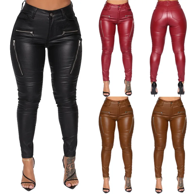 

2021Fall Winter New Trendy ladies tight skinny zipper faux pu leather pant brown black 5xl plus size women's leather pants women, Black/brown/red leather pants women