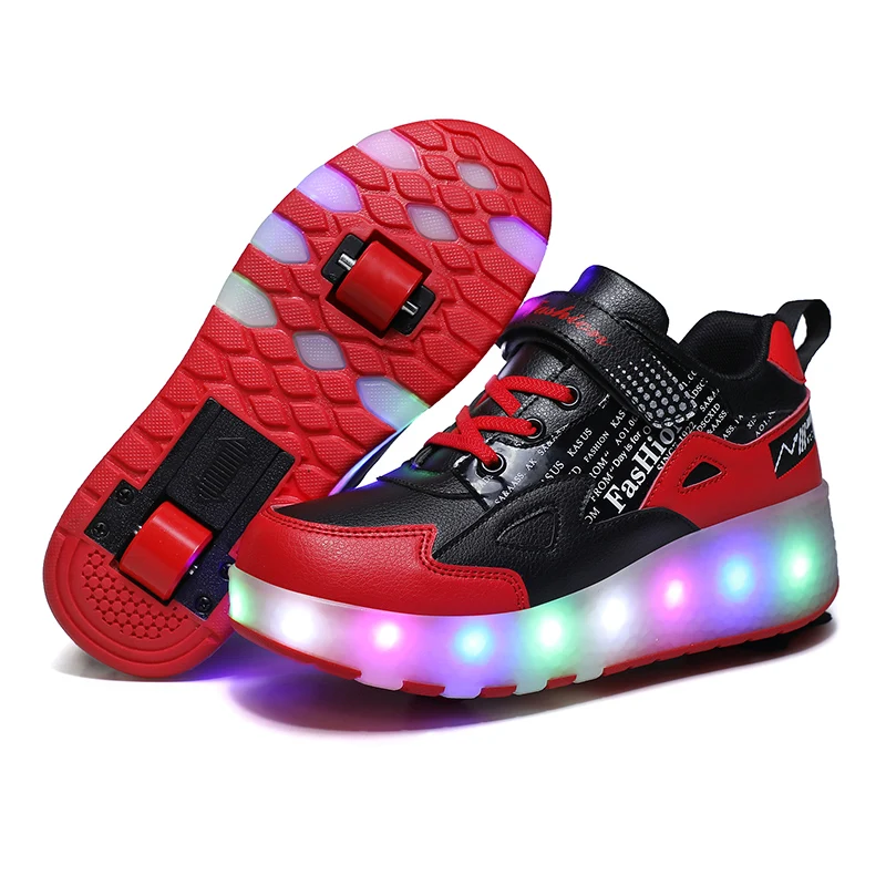 

New model LED USB rechargeable Children's light double wheels sports roller shoes for kids