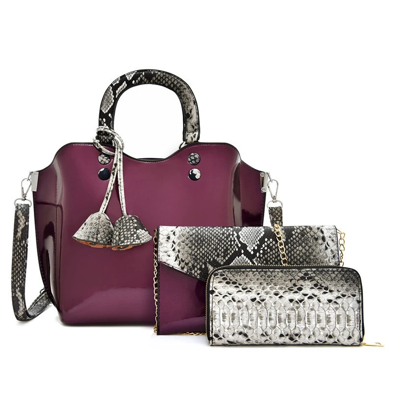 

New fashion patent leather handbag set snake leather 3 in 1 handbag set for women, Black/red/purple/brown