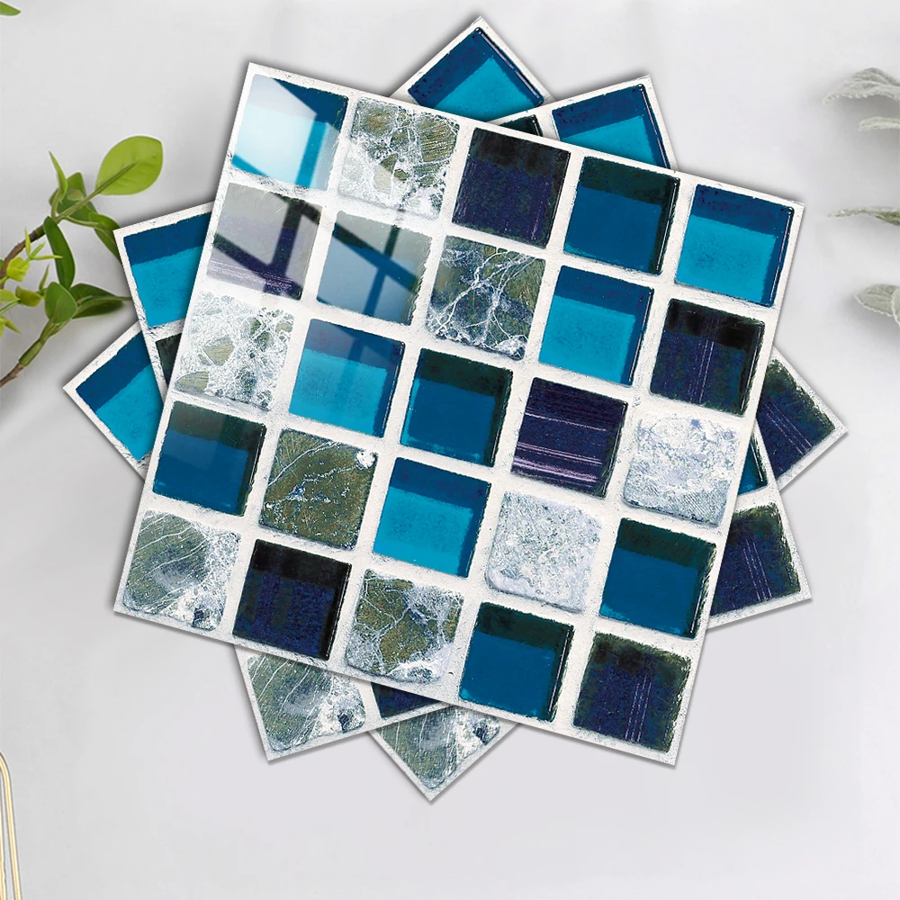 

Blue Flat Mosaic Crystal Hard Film Tiles Sticker Kitchen Living Room Wall Floor Decor Wall Stickers Removable