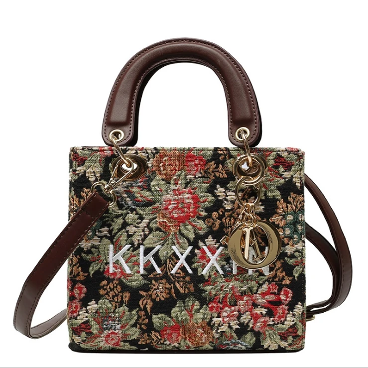 

2021 New Design Vintage Embroidery canvas handbag famous brands square floral shoulder bag fashion crossbody bag for women, 2colors