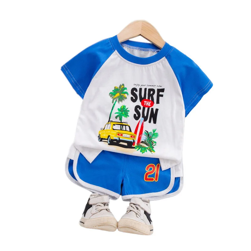 

2021 new Wholesale 2-8 Years Kids Clothes 2 Piece Children Casual Sports T Shirt Shorts Boys Clothing Sets For Summer, Blue,red