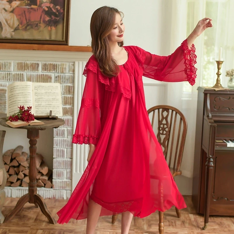 

2020 autumn lace nightgown women's two piece red mesh retro style long sleeve suspender sleepwear dress pajamas, White, blue, red,bean paste