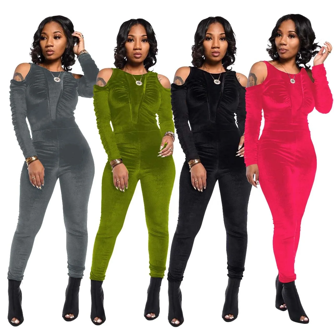 

LANOZY Autumn 2021 Stacked Jumpsuits Women Long Sleeve Overalls Cold Shoulder Bodysuits Velvet Women One Piece Jumpsuit, 4 colors