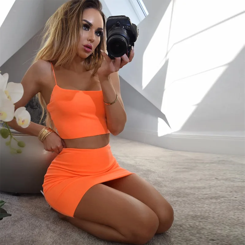 

Wholesale women clothing Spaghetti Strap ladies dress Women Sexy Sleeveless Crop Tank Top Two Piece Short Skirt Set women dress