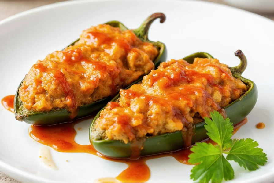 Two golden-brown stuffed poblano peppers on white plate with tomato sauce drizzle and cilantro garnish