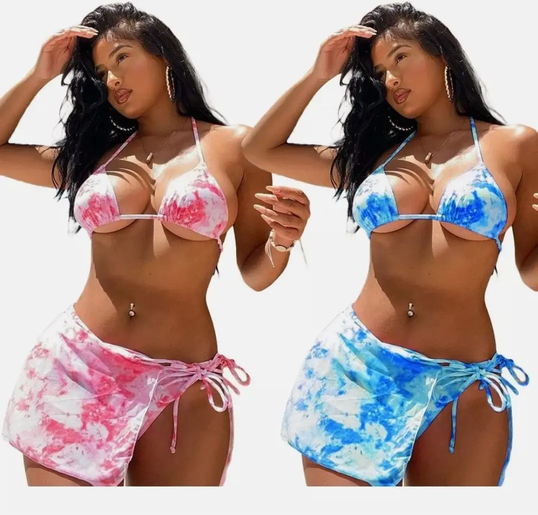 

Hot Selling Wrap Custom Bikini Swimming Costume Girls Halter Tie Dye Three Pieces Swimsuit