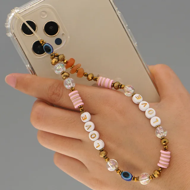 

PC1067 Fashion Rainbow Clay Crystal Beaded love lucky evil eyes mobile phone chain straps for women girls