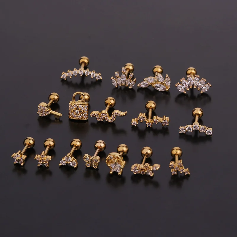 

16G Double Screw Back Steel Barbell Copper CZ Tiny Flower Crown Helix Piercing Jewelry Rook Conch Tragus Cartilage Earrings