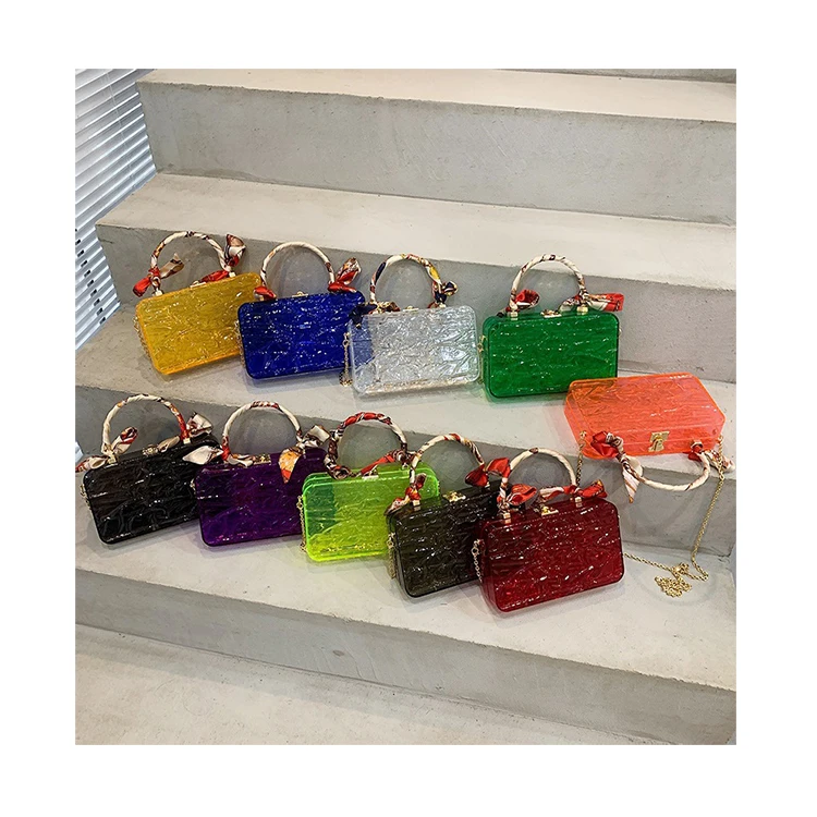 

Candy Color PVC Clear Small Square Bags Female New Transparent Handbag Silk Scarf Chain Shoulder Messenger Bag Women Case Clutch