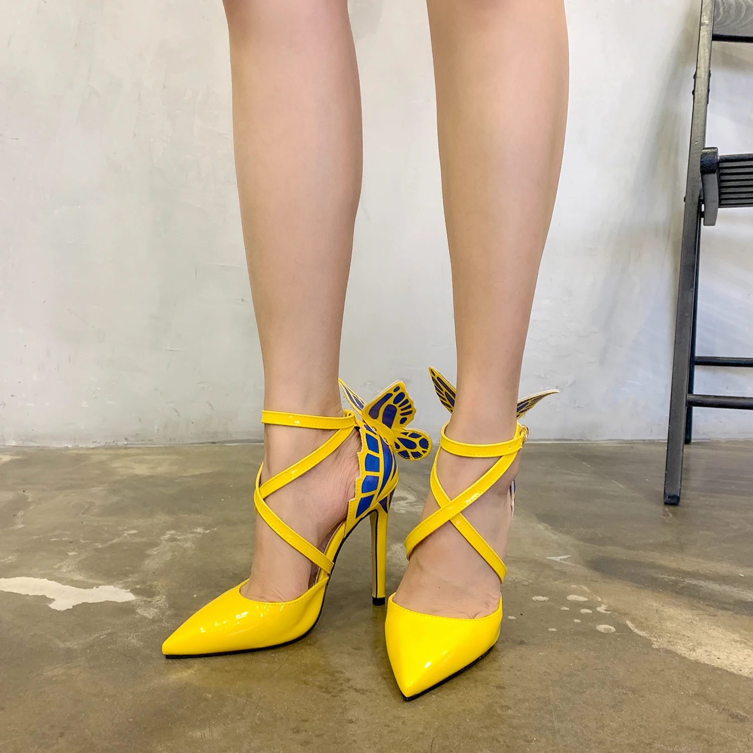 

Sexy temperament ladies style butterfly pointed toe stiletto strappy latest design elegant high heel lady shoes, Yellow and purple