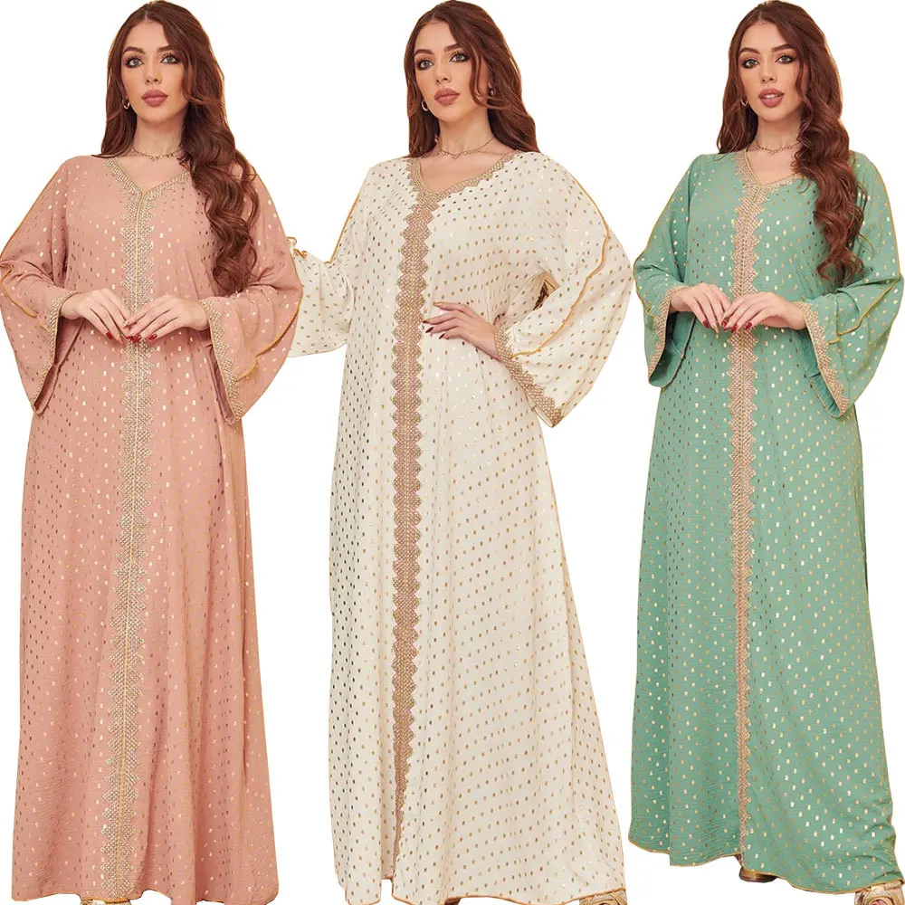 

Fashion Stamping Muslim Dubai Robe for Women Kaftan Rhinestones Lace Applique Long Sleeve Elegant Women Arabic Evening Dresses, Pink green white