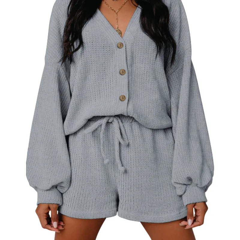

New Stylish Long Sleeves Tops Short Pants Two Piece Set Women Knitted Set Comfortable Lounge Wear Waffle Women's Set