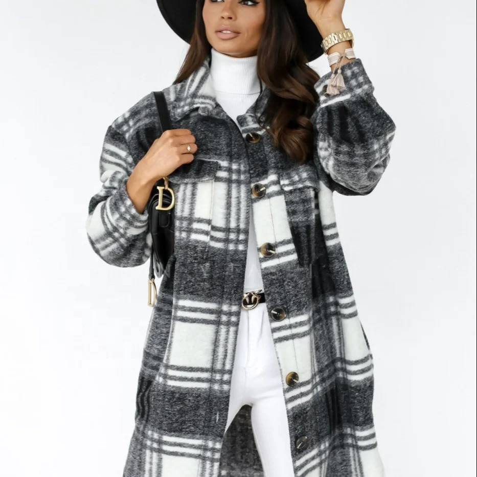 

MT222-20247 Wholesale autumn and winter long sleeve ladies plaid woolen coat with pocket jacket woman jacket