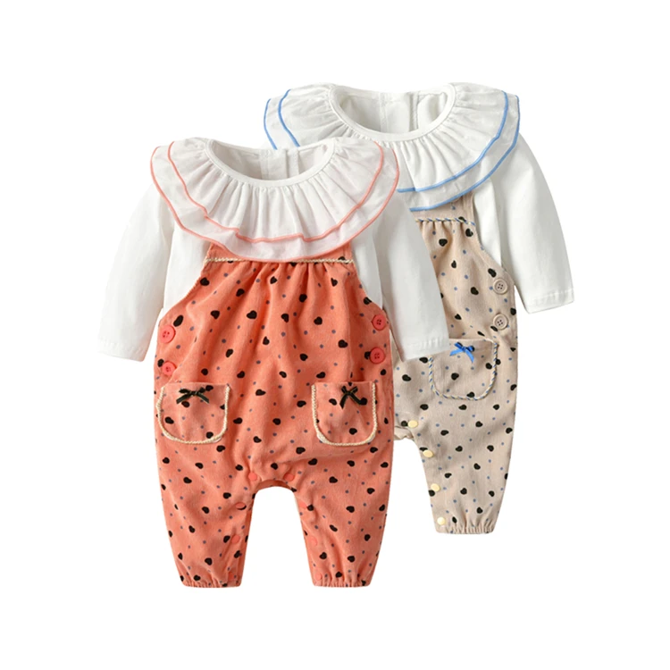 

2021 New Newborn Kids Clothes Cotton Shirt+Romper Baby Girl Clothing Set, Khaki/tangerine