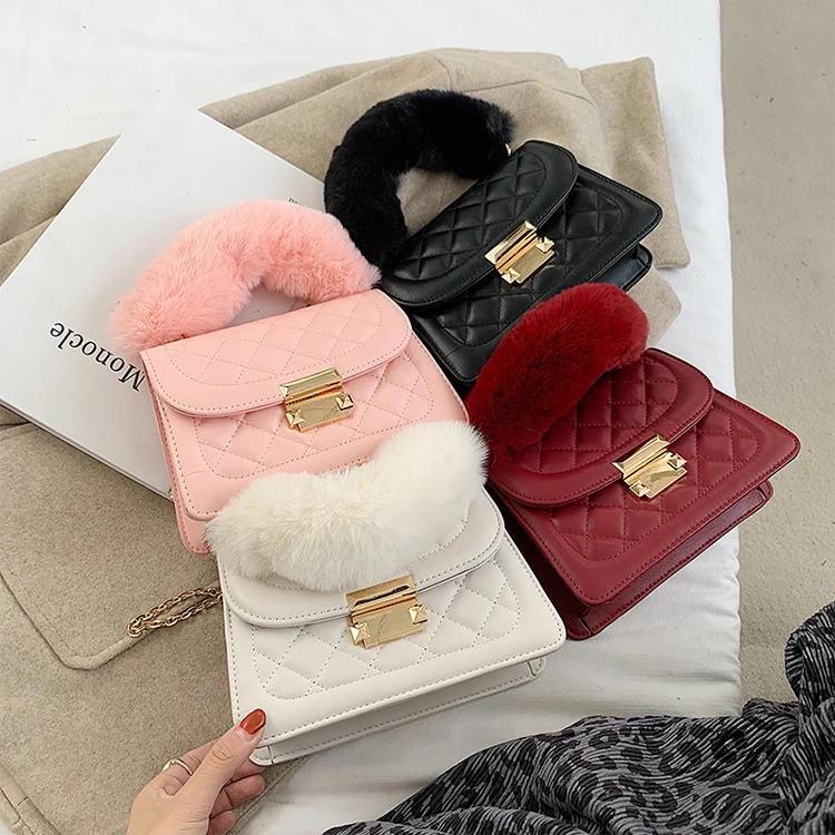 

High Quality PU Leather Fashionable Luxury Solid Color Lozenge Lattice Chain Crossbody Handbags Woman Furry Shoulder Purse